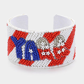 YALL Message American USA Flag Colored Seed Beaded Cuff Bracelet