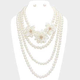 Triple Pearl Flower Accented Multi Layered Statement Necklace