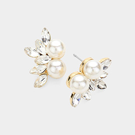 Pearl Pointed Marquise Stone Cluster Stud Evening Earrings