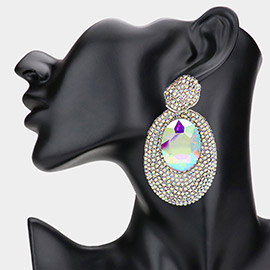 Oval Glass Stone Pointed Rhinestone Paved Dangle Evening Earrings