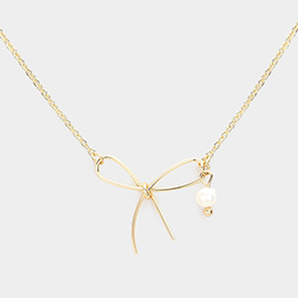 Pearl Pointed Metal Wire Bow Pendant Necklace