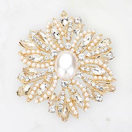Pearl Pointed Rhinestone Paved Flower Pin Brooch