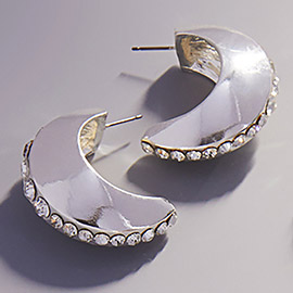 Center Rhinestone Line Accented Chunky Crescent Hoop Earrings