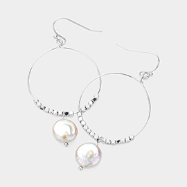Freshwater Pearl Pointed Open Circle Wire Dangle Earrings