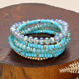 6PCS - Faceted Beaded Wood Stretch Multi Layered Bracelets