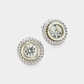 14K Gold Plated Round Stone Pointed Rope Rim Stud Earrings