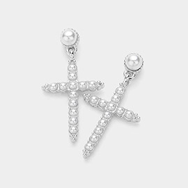 Pearl Cross Dangle Earrings