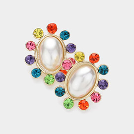 Oval Pearl Pointed Rhinestone Rim Stud Earrings