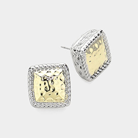 14K Gold Plated Two Tone Hammered Square Rope Rim Stud Earrings