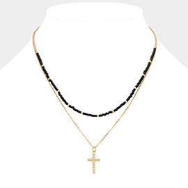 Metal Ball Cross Pendant Seed Beaded Double Layered Necklace