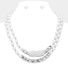 Rhinestone Paved Bar Pointed Pearl Necklace