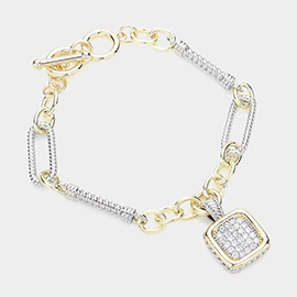 14K Gold Plated Two Tone CZ Stone Paved Square Charm Toggle Bracelet