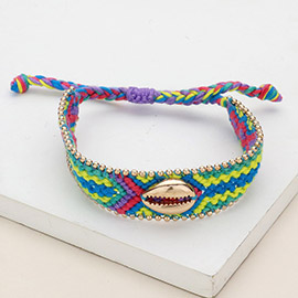 Metal Puka Shell Pointed Aztec Pattern Threaded Adjustable Cinch Pull Tie Bracelet