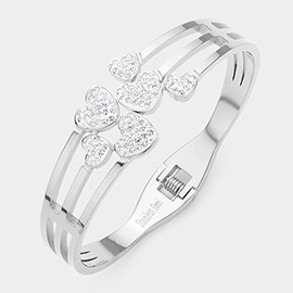 Stainless Steel Stone Paved Hearts Pointed Split Hinged Bangle Bracelet