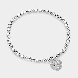 Stainless Steel Stone Paved Heart Charm Stretch Ball Bracelet