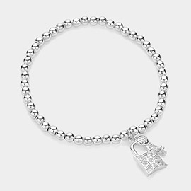 Stainless Steel Stone Paved Key and Lock Charm Stretch Ball Bracelet