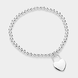 Stainless Steel Heart Lock Charm Stretch Ball Bracelet