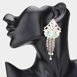 Teardrop Marquise Stone Cluster Embellished Rhinestone Fringe Evening Earrings