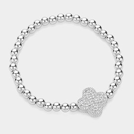 Stainless Steel Stone Paved Quatrefoil Charm Pointed Stretch Bracelet 