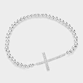 Stainless Steel Stone Paved Cross Pendant Pointed Stretch Bracelet