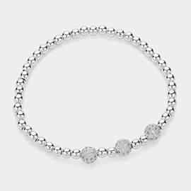 Stainless Steel Stone Paved Triple Shamballa Ball Pointed Stretch Bracelet