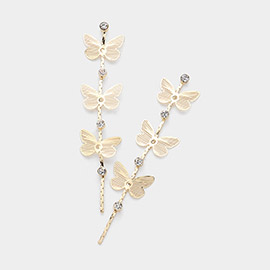 Stone Pointed Metal Cutout Triple Butterfly Link Dropdown Earrings