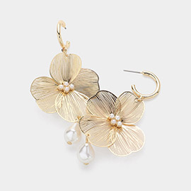 Stone Pearl Pointed Metal Cutout Flower Dangle Earrings