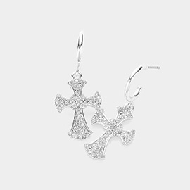 Stone Paved Cross Dangle Earrings