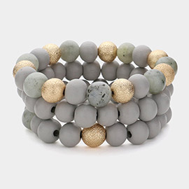 3PCS - Metal Natural Stone Wood Beaded Stretch Multi Layered Bracelets