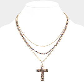 Faceted Beaded Metal Paper Clip Chain Layered Cross Pendant Necklace