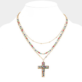 Faceted Beaded Metal Paper Clip Chain Layered Cross Pendant Necklace