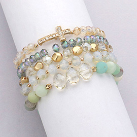 5PCS - Stone Paved Cross Pendant Pointed Faceted Beaded Multi Layered Bracelets