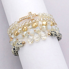 5PCS - Stone Paved Cross Pendant Pointed Faceted Beaded Multi Layered Bracelets