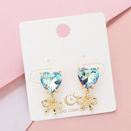Heart Glass Stone Cluster Metal Bow Dangle Earrings