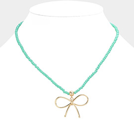 Faceted Beaded Brass Metal Wire Bow Pendant Necklace