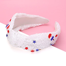 American USA Flag Theme Resin Star Popsicle Embellished Sequin Knot Headband 