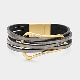 Stone Paved Pointed Brushed Metal Buckle Faux Leather Layered Magnetic Bracelet