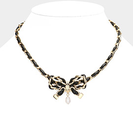 Faux Leather Braided Chain Pearl Dangle Bow Pointed Necklace