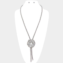 Bling Studded Pearl Centered Flower Pointed Evening Long Bolo Tie Necklace