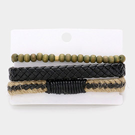 3PCS - Unisex Wax Rope Genuine Leather Braided Adjustable Bracelet Wood Beaded Stretch Bracelet Set