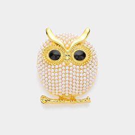 Pearl Paved Owl Pin Brooch