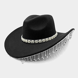 Pearl Flower Cluster Embellished Band Pointed Rhinestone Stone Paved Fringe Around Cowboy Western Hat