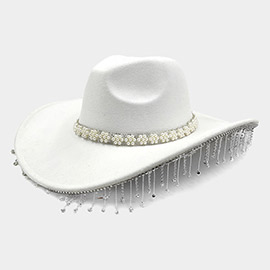 Pearl Flower Cluster Embellished Band Pointed Rhinestone Stone Paved Fringe Around Cowboy Western Hat