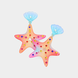 Stone Pearl Embellished Glittered Resin Seashell Starfish Dangle Earrings