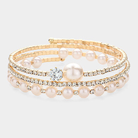 Pearl Pointed Rhinestone Paved Coil Adjustable Evening Bracelet