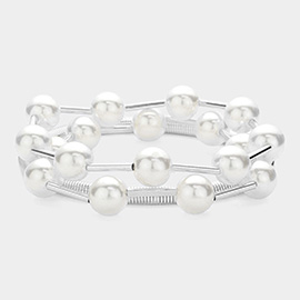 3PCS - Pearl Station Metal Coil Stretch Multi Layered Bracelets