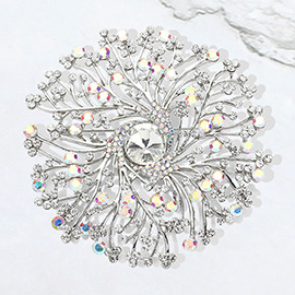 Round Stone Centered Rhinestone Embellished Branch Flower Pin Brooch