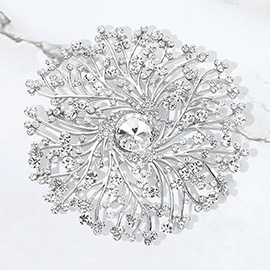 Round Stone Centered Rhinestone Embellished Branch Flower Pin Brooch