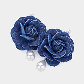 Denim Rose Teardrop Pearl Dangle Earrings