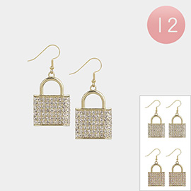 12Pairs - Rhinestone Paved Lock Dangle Earrings